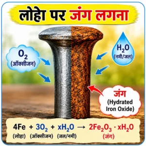 रासायनिक अभिक्रिया एवं समीकरण का यह आरेख लोहे पर जंग लगने की प्रक्रिया को दर्शाता है। इसमें ऑक्सीजन (O₂), जल/नमी (H₂O), लोहे की कील तथा बनने वाले जंग (Hydrated Iron Oxide) को रासायनिक समीकरण सहित स्पष्ट रूप से दिखाया गया है।