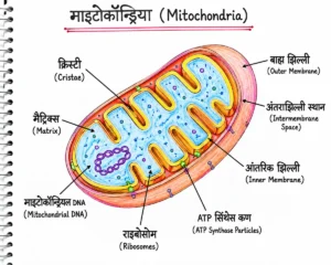 рдорд╛рдЗрдЯреЛрдХреЙрдиреНрдбреНрд░рд┐рдпрд╛ (Mitochondria) рдХреА рд╕рдВрд░рдЪрдирд╛ рдПрд╡рдВ рдкреНрд░рдореБрдЦ рднрд╛рдЧреЛрдВ рдХрд╛ рд╣рд╕реНрддрдирд┐рд░реНрдорд┐рдд рд░рдВрдЧреАрди рд▓реЗрдмрд▓рдпреБрдХреНрдд рдЖрд░реЗрдЦ