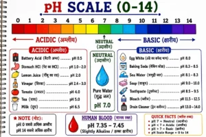 pH स्केल (0–14) का हस्तनिर्मित रंगीन आरेख, जिसमें अम्ल, क्षार और लवण (Acids, Bases & pH Value) के pH मान, मानव रक्त (pH 7.35–7.45), शुद्ध जल, बैटरी अम्ल, पेट का HCl, नींबू का रस, सिरका, बेकिंग सोडा, साबुन, ब्लीच एवं ड्रेन क्लीनर दर्शाए गए हैं।