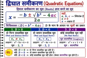 द्विघात समीकरण (Quadratic Equations) का स्पाइरल नोटबुक स्टाइल शैक्षिक डायग्राम, जिसमें द्विघात सूत्र, विविक्तकर (Discriminant), तथा D > 0, D = 0 और D < 0 के अनुसार मूलों के प्रकार को बड़े अक्षरों और रंगीन बॉक्स के माध्यम से दर्शाया गया है