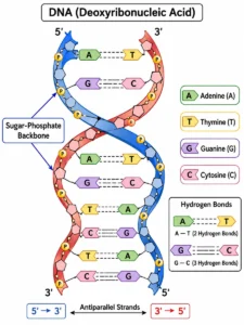 आनुवंशिकी (Genetics) DNA की द्विकुंडली संरचना (DNA Double Helix) में दो प्रतिसमानांतर शृंखलाएँ, शर्करा-फॉस्फेट backbone, A-T और G-C पूरक क्षार युग्म तथा हाइड्रोजन बंध दिखाए गए हैं।