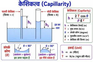 पदार्थ के गुण (Properties of Matter) के अंतर्गत केशिकत्व (Capillarity) का शैक्षिक चित्र, जिसमें केशिका नली, द्रव स्तर, केशिकीय उठाव, संपर्क कोण, पृष्ठ तनाव और आसंजन बल को स्पष्ट लेबल के साथ दर्शाया गया है।