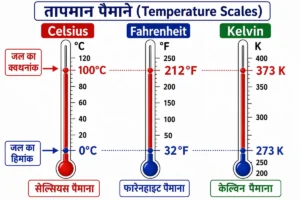 ऊष्मा एवं ताप (Heat and Temperature) में सेल्सियस, फारेनहाइट और केल्विन तापमान पैमानों को जल के हिमांक और क्वथनांक के साथ दर्शाने वाला शैक्षिक चित्र।