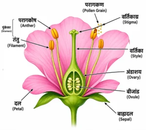 पादप विज्ञान (Botany) में पुष्प की संरचना का शैक्षिक चित्र, जिसमें बाह्यदल, दल, पुंकेसर, तंतु, परागकोष, परागकण, वर्तिकाग्र, वर्तिका, अंडाशय और बीजांड को स्पष्ट रूप से दर्शाया गया है।