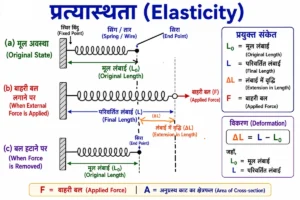 पदार्थ के गुण (Properties of Matter) के अंतर्गत प्रत्यास्थता (Elasticity) का लेबलयुक्त शैक्षिक चित्र, जिसमें बाहरी बल, मूल लंबाई, परिवर्तित लंबाई और विरूपण को स्पष्ट रूप से दर्शाया गया है।