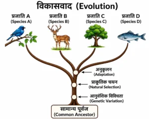 विकासवाद (Evolution) के विकासीय वृक्ष में सामान्य पूर्वज से अलग-अलग प्रजातियों का विकास, आनुवंशिक विविधता, प्राकृतिक चयन और अनुकूलन दिखाया गया है।